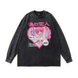 Men Long Sleeve Shirt Cartoon Printed Distressed Long Sleeve T-shirt Men and Women Retro
