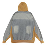 Men Denim Jacket Vintage Colorblock Hood Pullover Denim Jacket Men's Embroidery Letters Washed and Worn