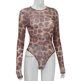 Women Jumpsuit round Neck Long Sleeve Sexy Leopard Print Jumpsuit