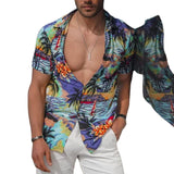 Men Shirt Summer Retro Printed Shirt Men's Short Sleeve Lapel Shirt