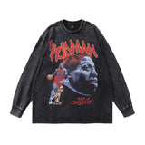 Men Long Sleeve Shirt Vintage Cartoon Printed Washed Long Sleeve Bottoming T-shirt Men and Women Ins