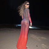 Woman Dresses Spring Printed Mesh V-neck Long-Sleeve Dress