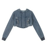 Women Hoodie Denim Hooded Sweater Women's Short Spring and Autumn Top