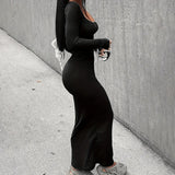 Women Dresses Square Collar Long Sleeve Dress Long Dress