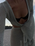 Women Sweater Dress Long Sleeve Knitted Two-Piece Seaside Skirt