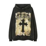 Men Hoodie Cross Printed Hoodie Men's Washed Distressed Loose Pullover Hoodie