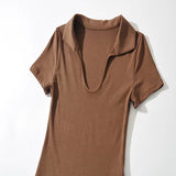 Women T-Shirt Summer Polo Lapel V Short Sleeve T-shirt