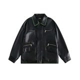 Unisex Jacket Autumn Contrast Color Embroidered Edge Leather Coat