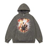 Men Hoodie Flame Printed Hoodie Washed Old and Dirty Loose Top