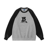 Men Hoodie Color-Block Raglan Sleeves Inkjet Sweater Flocking Letter Embroidery Pullover Loose