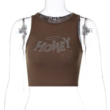 Women Halter Tops Spring Letter Rhinestone Slim Vest