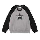 Men Hoodie Raglan Sleeve Crew Neck Pullover Sweatshirt Stitching Five-Pointed Star Printed Spring and Autumn Loose Top