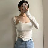 Women Long Sleeve Shirt Short Pleated Suspender Vest