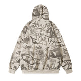 Men Hoodie Full of Graffiti Printed Hoodie Men's Two-Way Zipper Cardigan Sweater