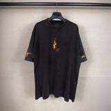 Men T-shirts Double Ring Flame Printing Washed Old Short Sleeve T-Shirts Loose
