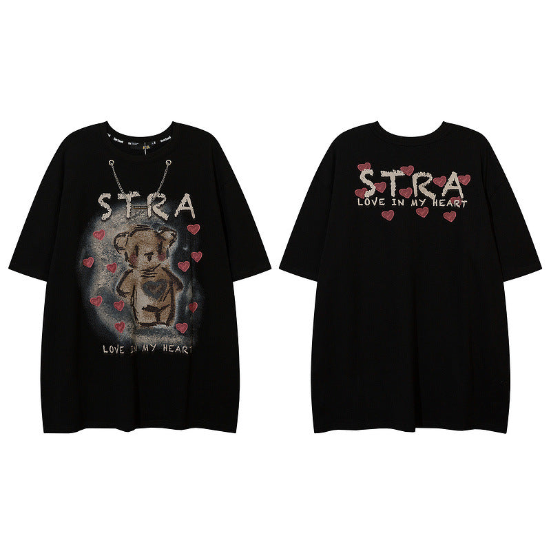 Men T Shirt Bear Graffiti Short Sleeve T-shirt Men and Women Loose-Fitting Casual round-Neck