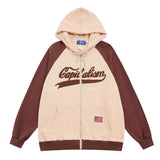 Men Hoodie Color-Block Raglan Sleeves Hooded Sweater Men's Spring and Autumn Leisure Letter Embroidered Zipper Jacket