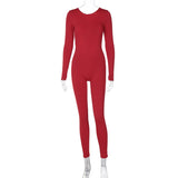 Women Jumpsuit Backless Pleated Slim-Fit Long Sleeve Solid Color Jumpsuit
