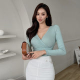 Women Long Sleeve Shirt V-neck Top for Women Short-Sleeved T-shirt