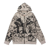 Hip-hop hoodie american street high street retro hip-hop rap graffiti all-over printed red dragon embroider zipper hooded sweatshirt