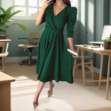 Work Dresses Solid Color Pleated Waist Dress