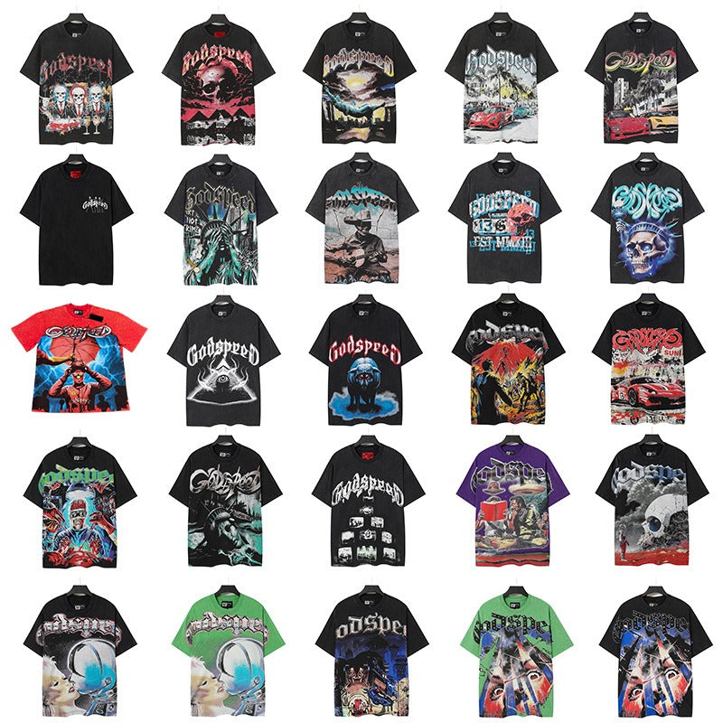 Godspeed men's short-sleeve t-shirt - washed print, hotfix rhinestone detail, streetwear style