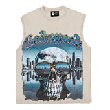 Hip hop tank top american high street retro washed distressed water reflection skull printing loose vest sweatshirt
