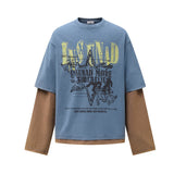 Unisex long-sleeved shirt autum color-blocked fake two-piece