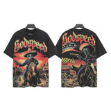 Godspeed t-shirt short-sleeved men's washed cotton printing hot diamond holes street clothing