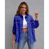 Women's european and american style mid-length frayed hem distressed denim jacket - autumn/winter long sleeve casual turn-down collar top