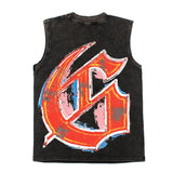 Hip hop tank top american high street trader skull print retro washed distressed rock vest