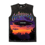 Hip hop tank top american high street niche alien flying saucer printing washed distressed loosecasual vest sweatshirt
