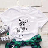 2024Plant Feather Print T-shirt Fashion Cartoon Plant Feather Print Women's Short Sleeve