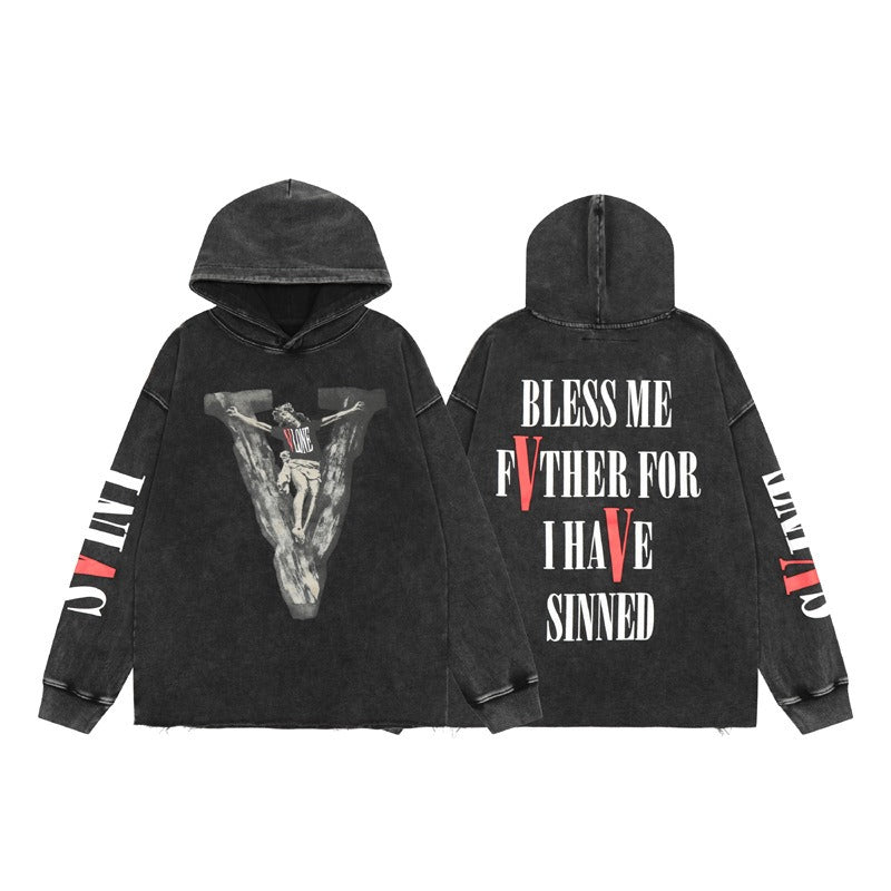 Hip-hop hoodie american high street fall and winter trendyletterprinting hooded sweatshirt washed distressedretro style loose hoodie