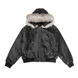 Unisex Down Jacket Vintage Leather Padded Fur Collar Jacket