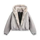 Unisex Down Jacket Winter Fleece Vintage Thermal Hooded Fur Collar Jacket