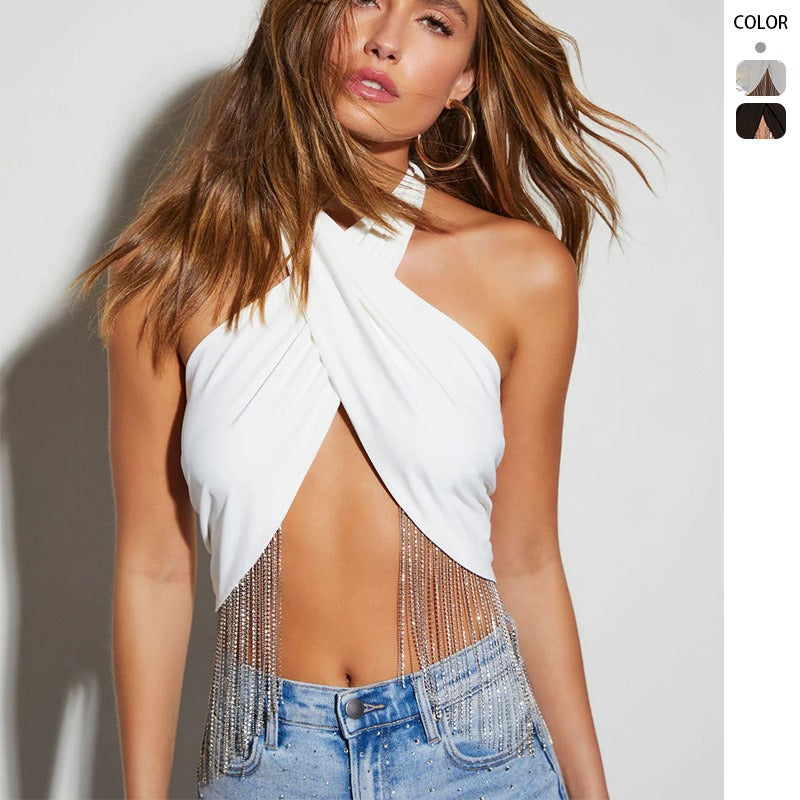 Women's top: european and american style halter vest - sexy nightclub tassel chain bandeau top - simple, versatile beachwear