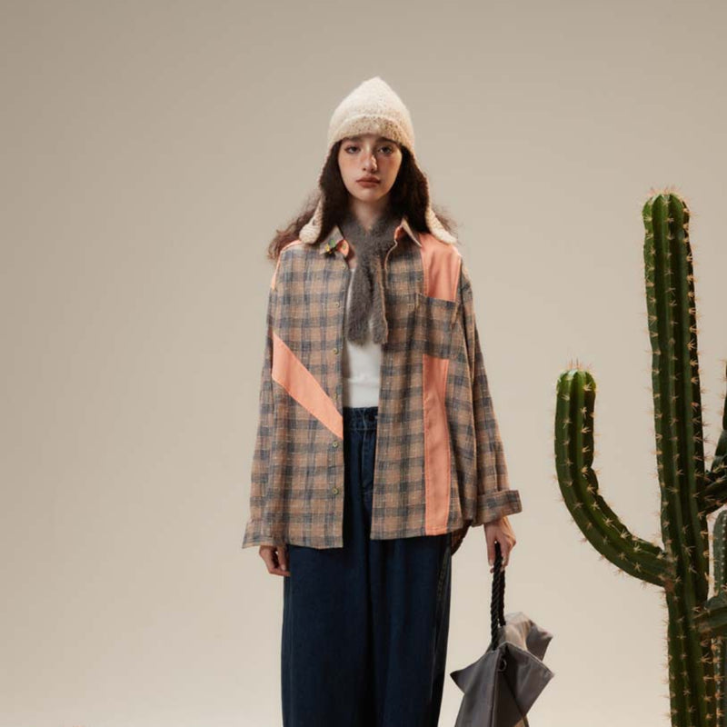 Unisex Sweater Color-Contrast Check Long Sleeve Shirt