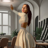 Work Dresses Solid Color Crew Neck Hollow Long Sleeve Dress