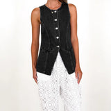 Women's top: amazon independent site cross-border fashion - vintage european & american style, round neck, sleeveless, cinched waist denim vest jacket for women