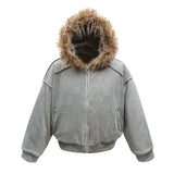 Unisex Down Jacket Winter Fur Collar Vintage Lamb Down Warm Padded Jacket