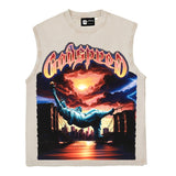 Hip hop tank top american retro fall down statue of liberty washed distressed street trendy vest hip hop vest tops