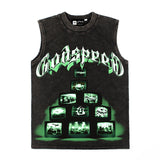 Hip hop tank top american street rock retro tv printing washed and distressed trendyhip hop vest sweatshirt