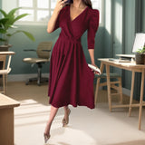 Work Dresses Solid Color Pleated Waist Dress