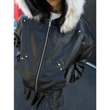 Unisex Down Jacket Vintage Leather Padded Fur Collar Jacket