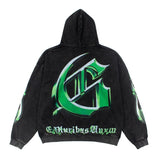 Hip-hop hoodie american street rock retro tv printing washed and distressed trendy terry hooded sweatshirt