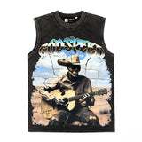 Hip hop tank top american retro skull guitar other printing washed old rock loose vest vest summer sweatshirt