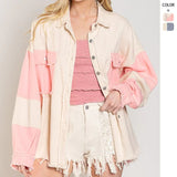 Women's top: spring/summer american retro washed color block denim jacket - turn-down collar, casual distressed raw hem outerwear