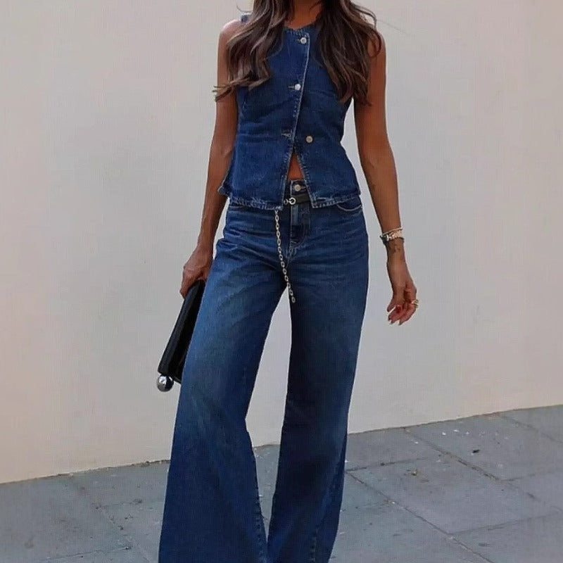 Women's sleeveless vest & wide-leg denim set - spring/summer amazon us/eu cross-border fashion