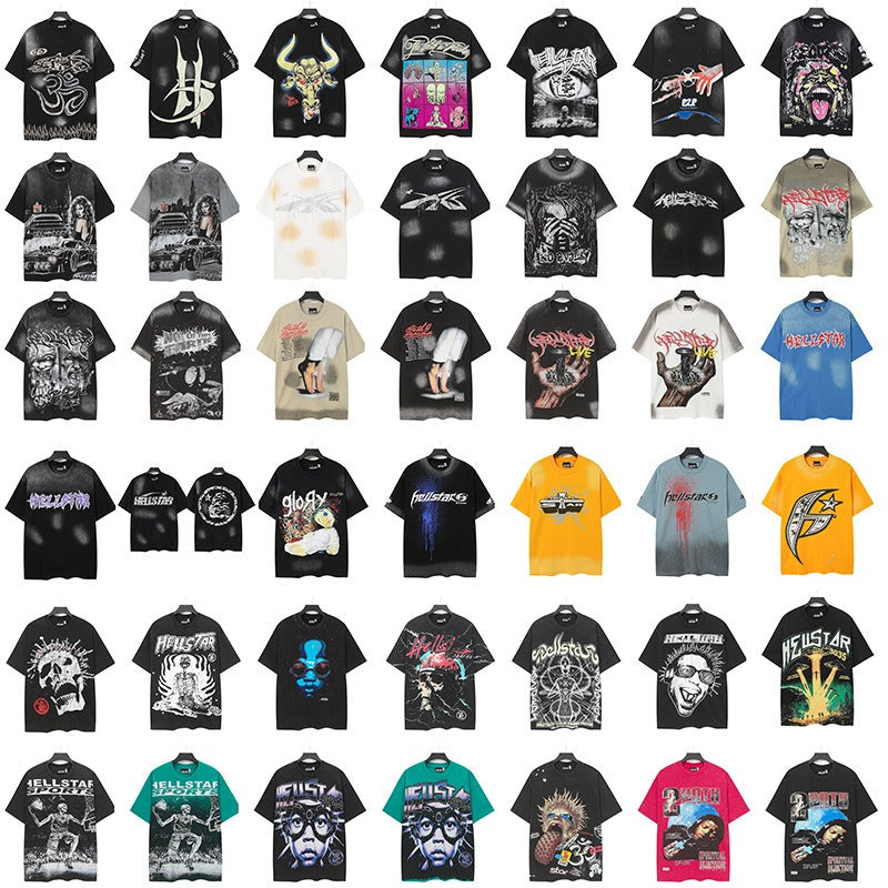 Men's t-shirt short-sleeved washed hot diamond printing g pure cotton hip hop street printing